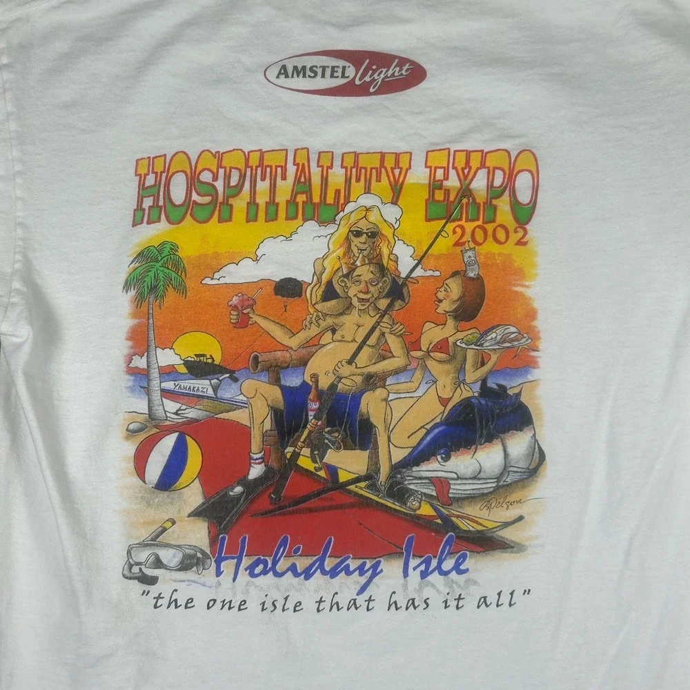 Vintage 2002 Amstel Light Hospitality Expo Holiday Isle T-Shirt Mens Large White